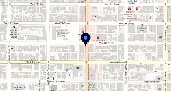 Street map showing our office at 801 S Gaffey St at 8th Street, San Pedro